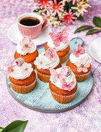 90PCS Artificial Flowers Butterfly Cupcake Toppers, Cherry Blossom Cake Topper Wafer Paper Butterfly Flower for Baby Shower Wedding Birthday Party Cake Food Decorations Supplie
