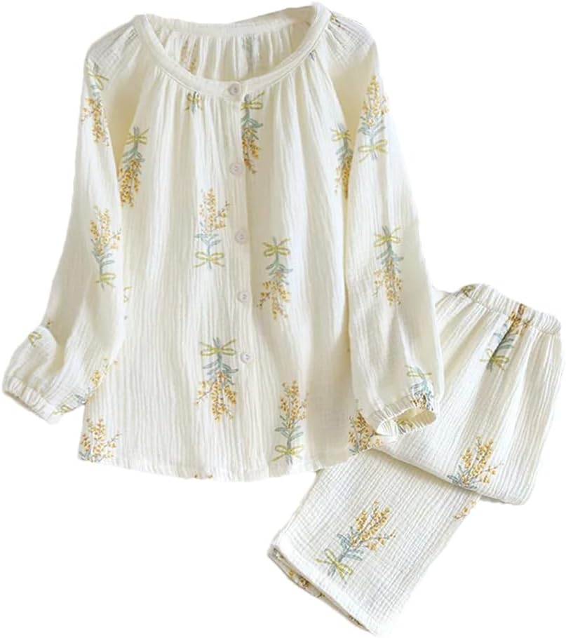 REHJJDFD Women's Cotton Gauze Pajama Set Print Sleepwear Long Sleeve Pijamas Home Clothes