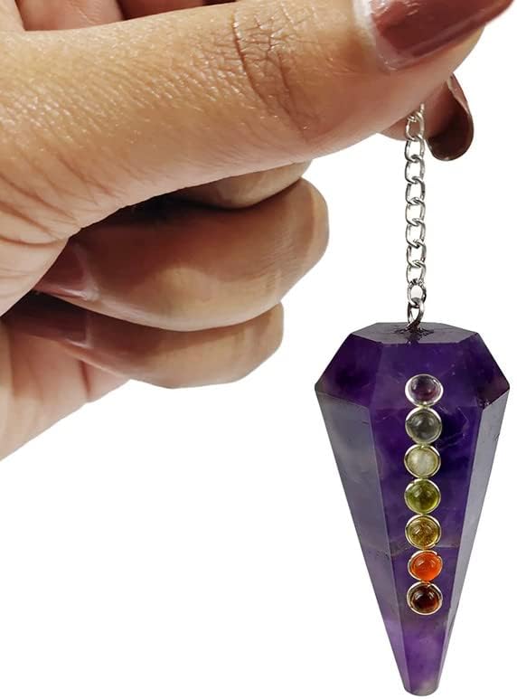 Frienemy Presents Natural Amethyst Dowser 7 Chakra Pendulum 6 / Six Faceted Crystal Stone Dowser Pendulum Dowsing for Gemstones (Color Multi) #Frienemy-0320