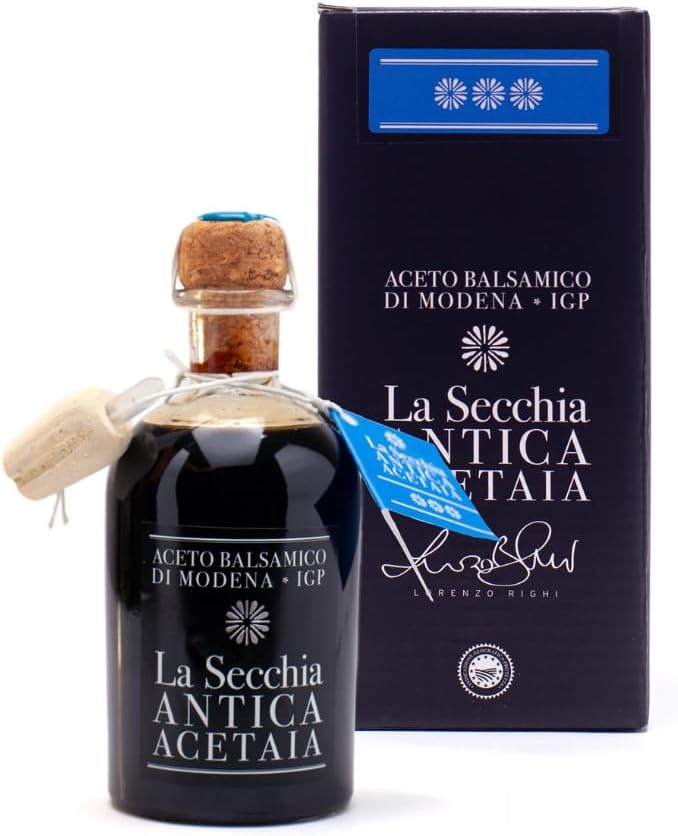 La Secchia Balsamic Vinegar of Modena PGI "Three Stars", Aged in 12 Cherry-Mulberry Barrels, Medium Density, 250 ml Bottle with Cork Pourer