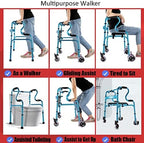 Walker for Seniors，Folding Adult Standard Walkers with 4 Wheels and Seat Lightweight Portable Walking Frame Height Adjustable Mobility Aid for Handicap Disabled Rehabilitation Training Medical Equipm