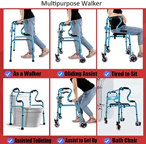 Walker for Seniors，Folding Adult Standard Walkers with 4 Wheels and Seat Lightweight Portable Walking Frame Height Adjustable Mobility Aid for Handicap Disabled Rehabilitation Training Medical Equipm