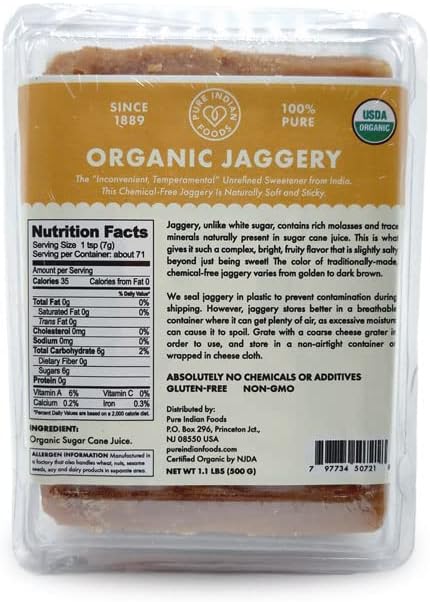 Pure Indian Foods Organic Jaggery Sugar - Known as Gur, Gud, or Panela - Raw Gluten-Free Wholesome Brown Sugar from Sugar Cane - 2-Pack of 1.1 lb (1kg total)