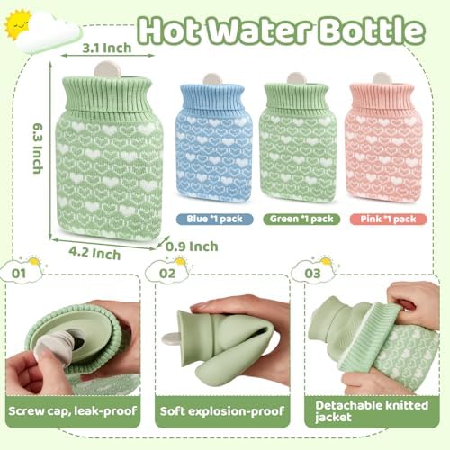 Amylove 3 Pcs Mini Hot Water Bottle with Knitted Cover 320ml, Mother's Gift Water Bag for Women, Microwave Heating Bottle for Pain Relief Menstrual Cramps Travel(Pink, Blue, Green,Heart Print)