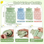 Amylove 3 Pcs Mini Hot Water Bottle with Knitted Cover 320ml, Mother's Gift Water Bag for Women, Microwave Heating Bottle for Pain Relief Menstrual Cramps Travel(Pink, Blue, Green,Heart Print)