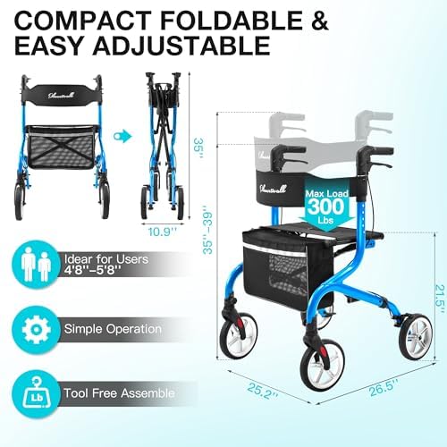 Super Lightweight Rollator Walker for Seniors, Foldable Rolling Walker with Seat and 8" Rubber Wheels for All Terrain, Unique Design Aluminium Frame Sturdy Walkers for Traveling - Blue