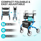Super Lightweight Rollator Walker for Seniors, Foldable Rolling Walker with Seat and 8" Rubber Wheels for All Terrain, Unique Design Aluminium Frame Sturdy Walkers for Traveling - Blue
