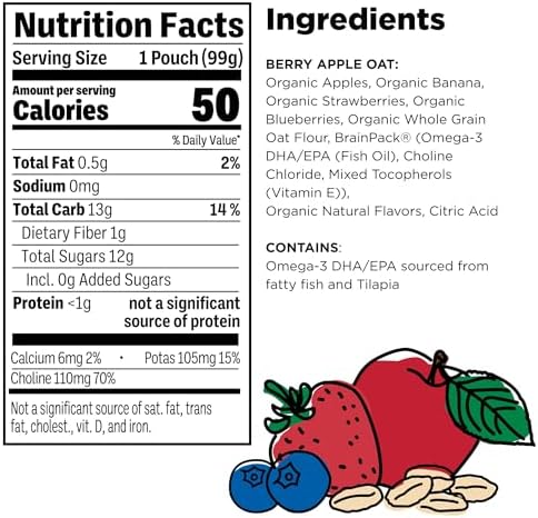Little Brainiac Breakfast Blend Organic Fruit & Oat Toddler Pouches, Berry Apple Oat with Omega-3s DHA/EPA and Choline, Clean Label, BPA-Free, Non-GMO, 3.5 oz, Pack of 12