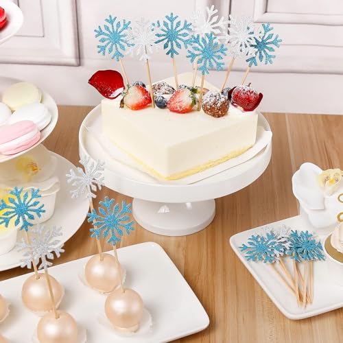 PartyWoo Frozen Cake Toppers, 20 pcs Snowflakes Cupcake Topper Set, Glitter Silver and Blue for Frozen Cake Winter Wonderland Birthday Party Decorations