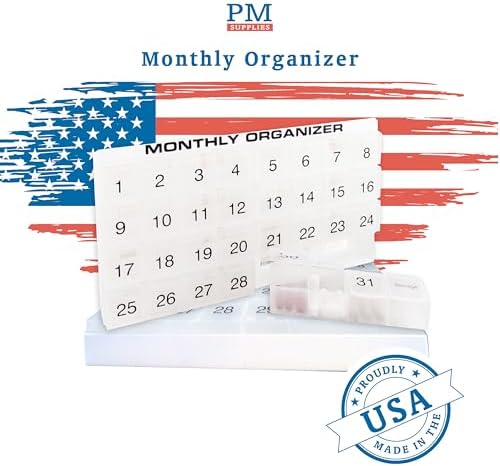 31 compartments, 1 per Day, 4 Week Monthly Pill Organizer by Promed. Includes Tray and 8 Removable compartments. (White)