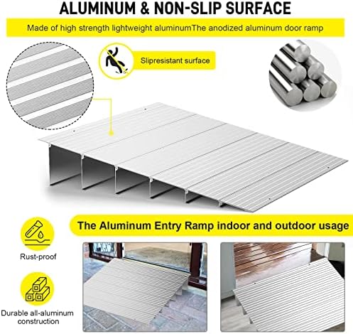 Door Threshold Ramp 6" Rise Door Ramp Aluminum Entry Ramp or Doorways Rated 800 lbs Load Capacity forWheelchair Scooters Power Chairs Walkers Metallic
