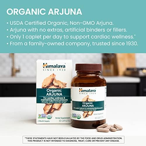 Himalaya Organic Arjuna, 60 Day Supply - Herbal Supplement Supporting Heart Health and Normal Blood Pressure - USDA Organic, Vegan, Non-GMO, Gluten Free, 700 mg, 60 Caplets