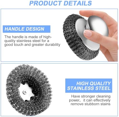 2Pcs Stainless Steel Wool Scrubber with Handle, 4 Replacement Steel Scrubber Wool Pads，Stainless Steel Scrubber for Cleaning Cast Iron, Dishes, Kitchen Pots, Pans, Grills, Stoves, Sink