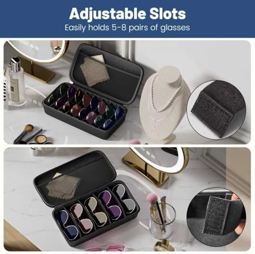 Travel Sunglasses Organizer, Hard Shell Sunglass Case Adjustable Slots for Multiple Sunglass Eyeglass Case