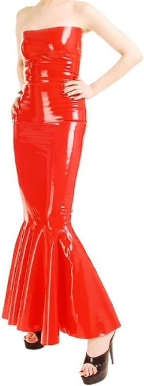 Natural latexSleeveless Red Sexy Long Fishtail Latex Dress Rubber Bodycon Playsuit Frills at Bottom