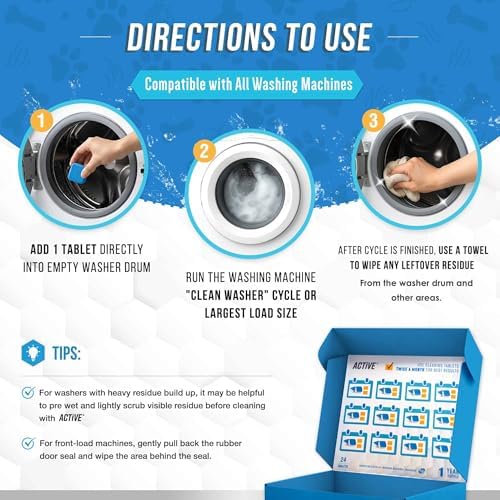 ACTIVE Washing Machine Cleaner for Pet Owners Enzymatic Deep Clean Descaler for Cat & Dog Hair, Urine, Odor, Residue, 24 Septic-Safe Tablets for Top Load, Front Loader, HE Washer Tub - 1 Year Supply