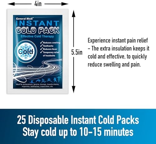 General Medi Instant Ice Cold Pack (4”x 5.5”) – 25 Packs Disposable Cold Therapy Ice Packs for Pain Relief, Swelling, Inflammation, Sprains, Toothache – for Athletes & Outdoor Activities