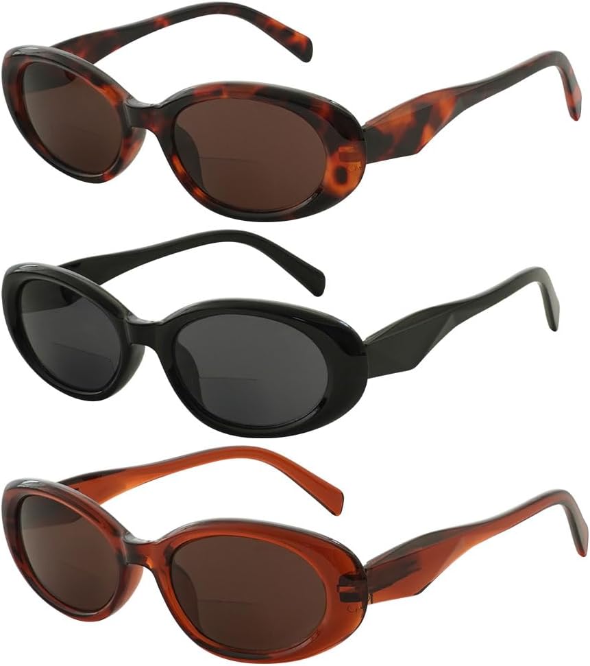 JiSoo Oval Bifocal Reader Sunglasses Women, Small Cute Reading Sunglasses with Bifocals 3Pack Sun Readers