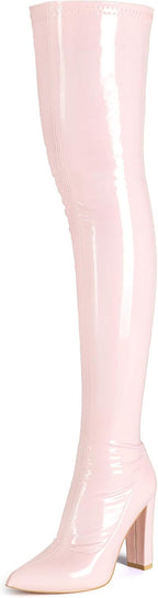 WSKEISP Thigh High Boots for Women Gogo Boot Heeled Over The Knee High Patent Leather 70s Long Tall Boots