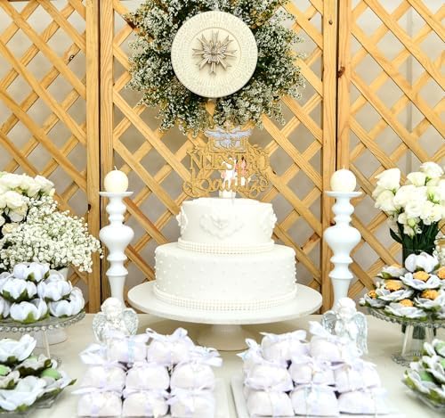 Nuestro Bautizo Cake Topper, Spanish First Holy Communion/Gold Bless, Religious Baby Shower/Baby's 1st Birthday/Baptism Party Decorations Supplies for Boys Girls, Silver and Gold Glitter