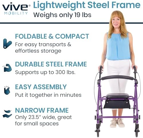 Vive Mobility Steel Rollator Walker with Seat - Foldable, Narrow, Rolling Senior Walker for Small Spaces - 4 Wheel Lightweight Adult Easy Drive with Underseat Storage, Adjustable Height (Purple)