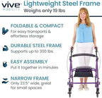 Vive Mobility Steel Rollator Walker with Seat - Foldable, Narrow, Rolling Senior Walker for Small Spaces - 4 Wheel Lightweight Adult Easy Drive with Underseat Storage, Adjustable Height (Purple)