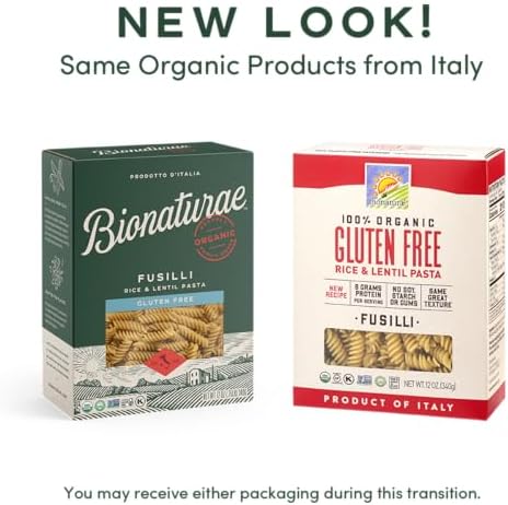 Bionaturae Fusilli Pasta Noodles - Gluten Free Pasta Organic, Rice & Lentil Pasta, Kosher Certified, High Protein, Non-GMO, Fusilli Pasta Organic, Crafted in Italy - 12 Oz, 4 Pack
