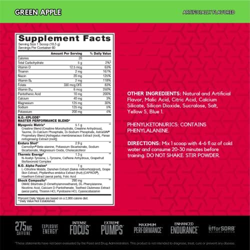 BSN N.O.-XPLODE Pre Workout Powder, Energy Supplement for Men and Women with Creatine and Beta-Alanine, Green Apple, 60 Servings, 2.45 Pound (Packaging May Vary)
