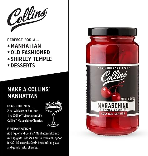 Collins Stemmed Maraschino Cocktail Cherries - Royal Anne Cherries Garnish for Cocktails, Manhattan and Old Fashioned Mix, 10oz