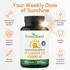 ForestLeaf Vitamin D3 10,000 IU | VIT D - VIT D3 Vitamin D Supplements for Women and Men | Bone Health, Teeth and Immune Support | Easy to Swallow Pills | High Potency Daily, 6-Month Supply, 180 Caps