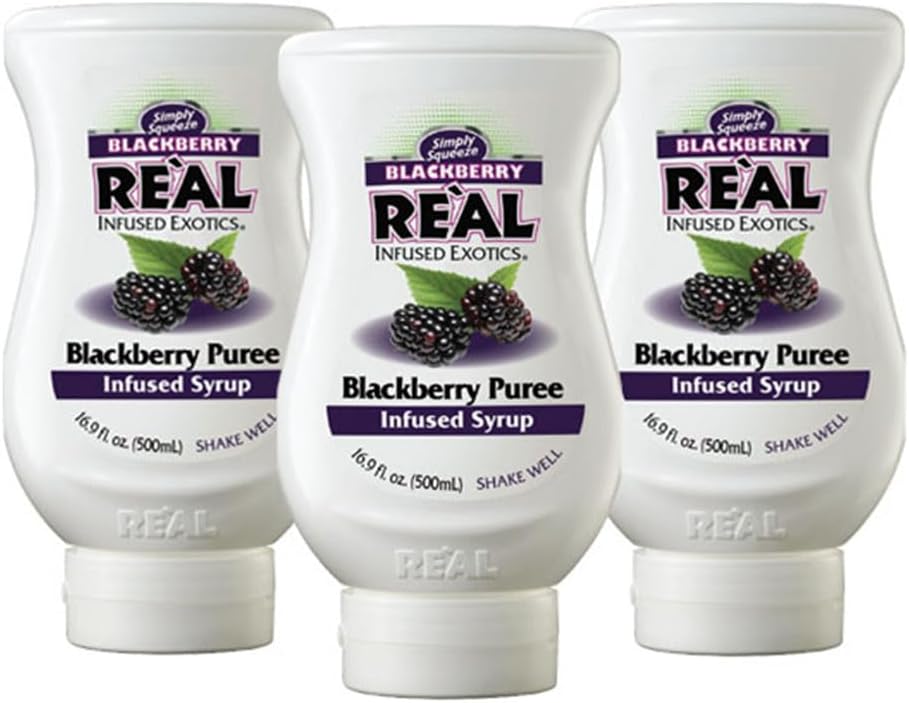 Blackberry Reàl Infused Exotics, Blackberry Puree Infused Syrup, 16.9 FL OZ Squeezable Bottle (Pack of 3)