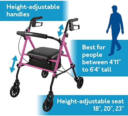 Carex Step 'N Rest Aluminum Rolling Walker For Seniors, Pink - Rollator Walker With Seat - With Back Support, 6 Inch Wheels, 250lbs Support, Lightweight