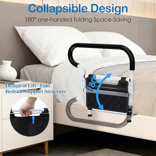 Bed Rails for Elderly Adults Safety-ASTM Approved Adjustable Bed Assist Rail for Seniors,with Storage Bag & Fixing Strap, Foldable Bed Assist Handle -Non-Slip Ergonomic Handle