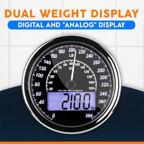 ZENO Hybrid 2-in-1 Analog & Digital Weighing Scale for Body Weight up to 400lbs - Thick Tempered Glass - Extra Large Display - Easy to Read Digital Bathroom Scale - New - Dark Blue