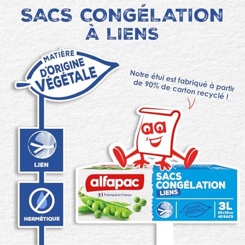 Alfapac - Reusable 40 freezer bags with ties - Medium model - Wide opening - Eco-responsible - Transparent - Made in France NCV2X40
