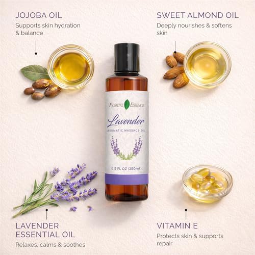 Lavender Massage Oil for Massage Therapy, Body Massage Lotion; Jojoba, Sweet Almond Oil for Skin, Vitamin E, and Pure Lavender Essential Oil, Body Oil Aceite para Masajes Relajantes
