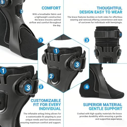 Adjustable AFO Foot Drop Brace with Inflatable Airbag, Ankle Foot Orthosis Support for Walking, Lightweight Foot Stabilizer for Stroke, Hemiplegia, Men & Women, Fits Inside Shoes (M), Right