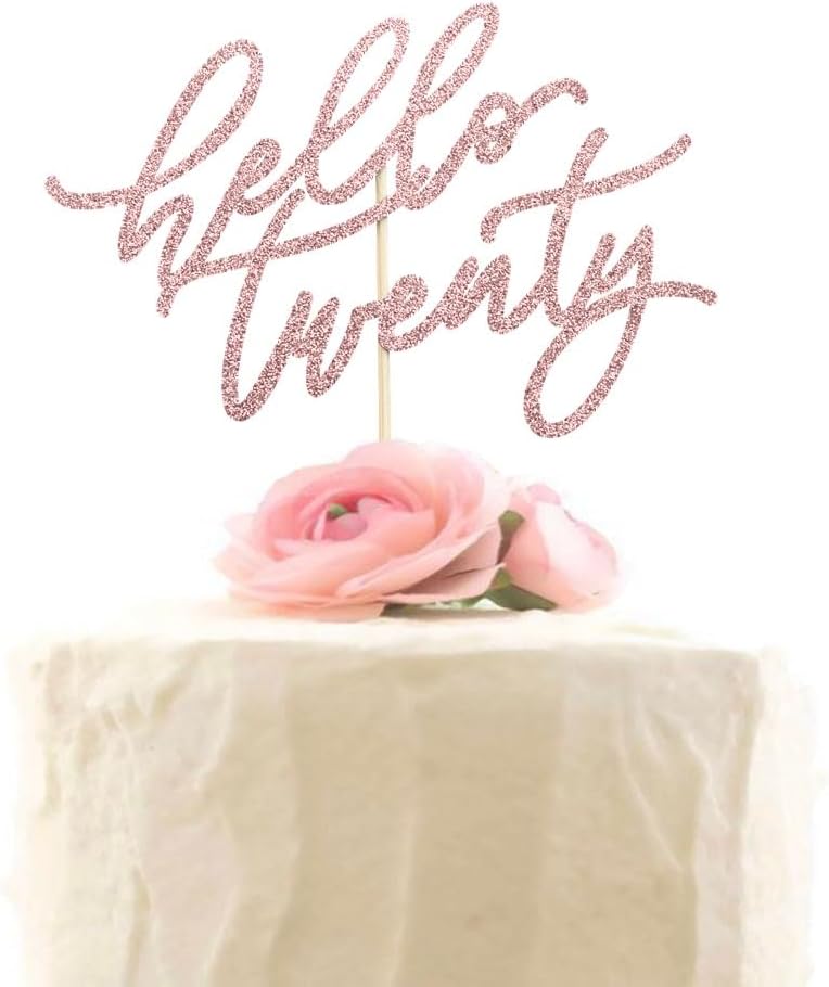 Hello Twenty Cake Topper, Happy 20th Birthday Cake Decorations, Handwriting Script 20th Anniversary Party, Rose Gold Glitter