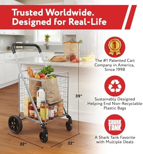 dbest Products Cruiser Cart Deluxe 2 - Foldable Shopping Cart with Wheels & Brake System - Heavy Duty Collapsible Utility Cart for Groceries & Laundry - Holds 100 lbs - Silver, Alloy Steel