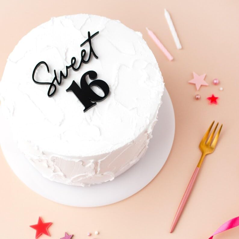 Black Acrylic Sweet 16 Cake Topper,16th Birthday Party Decoration,Cheers to 16 Years Birthday Cake Pick,Sweet Sixteen Cake Decoration,16th Wedding Anniversary Theme Party Decorations Supplies