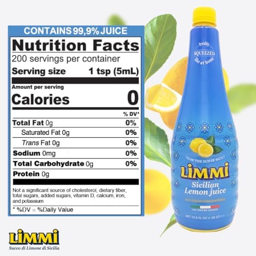 Limmi Sicilian Lemon Juice, 33.8 fl oz (1L) | 100% Freshly Squeezed, Not from Concentrate | Authentic Italian Lemon Juice, Like at Home [Pack of 2]