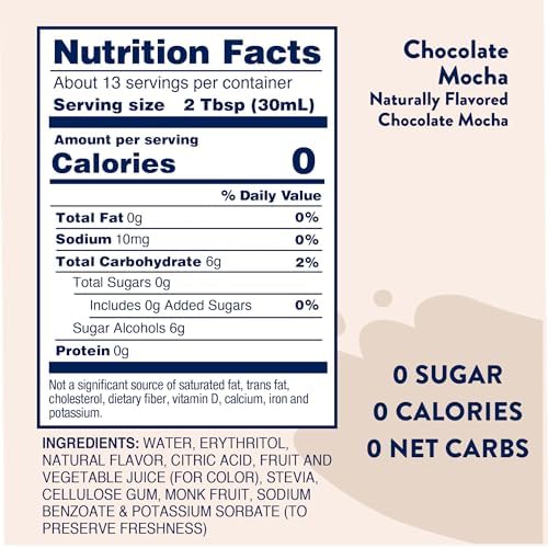 Jordan's Skinny Mixes Syrups Sugar Free Syrup, Chocolate Mocha Syrup, 12.7 oz, Zero Sugar and Zero Calorie Flavoring for Coffee, Protein Shake, Cocktail or Mocktail Drinks and More, Naturally Sweetened Line
