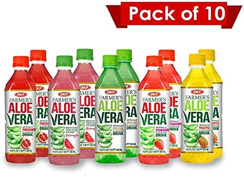 OKF Farmer's Aloe Vera Drink Flavored Variety Pack - Original, Pomegranate, Pineapple, Strawberry, Watermelon Flavored Aloe Drinks (16.9oz/500ml Bottles 10 Count)