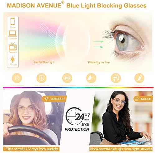Madison Avenue Blue Light Blocking Glasses Anti Eyestrain UV Glare Blue Light Glasses for Women TV Phone Computer Gaming Eyeglasses (Clear)
