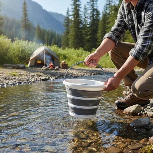 Collapsible Bucket 10L, Folding Water Container with Handle, Portable Lightweight Bucket for Camping, Fishing, Hiking, Travel, Gardening (Grey)