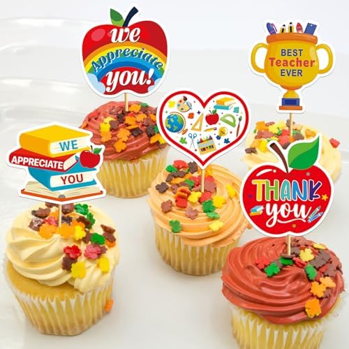 24Pcs Thank You Teacher Cupcake Toppers Thank You Cupcake Toppers Teacher Appreciation Decorations for Teachers Day Party Decorations