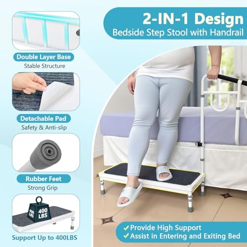 Bed Step Stool with Rail for High Beds - Adults & Elderly Assist Step Up Foot Stool with Handle - 400lb