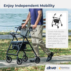 Drive Medical Aluminum Rollator Walker - Fold Up & Removable Back Support - Padded Seat - 6 Inch Wheels - Lightweight Portable Design - Indoor Outdoor Mobility Aid - Black