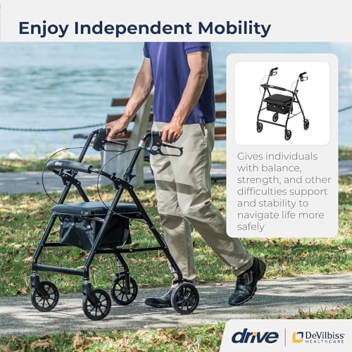 Drive Medical Aluminum Rollator Walker - Fold Up & Removable Back Support - Padded Seat - 6 Inch Wheels - Lightweight Portable Design - Indoor Outdoor Mobility Aid - Black