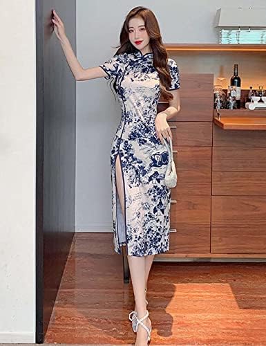 Women's Modern Cheongsam Maxi Dress Floral Print Short Sleeve Slim Fit Ankle Length Bodycon Qipao Tradtional Chinese Dress